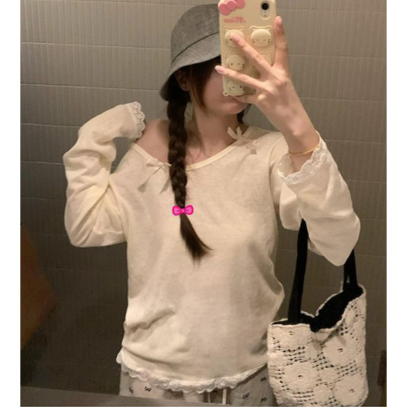 SENYOUMAI Blus Wanita Lengan Panjang Gaya Korea Longgar Sedikit Transparan Tabir Surya Atasan Renda 