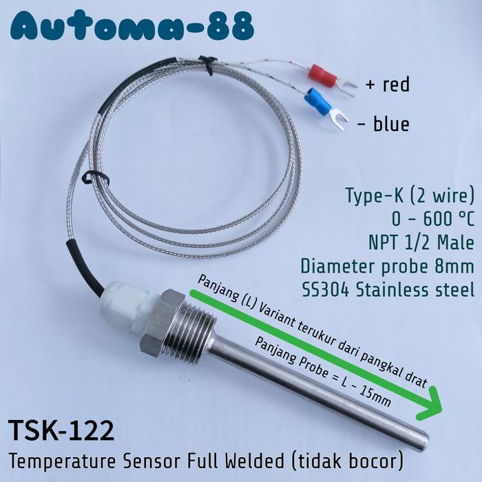 Thermocouple Type-K NPT 1/2 in kabel 2 wire probe 100mm 10cm Stainless