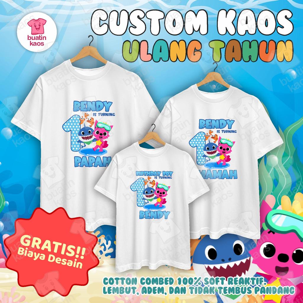 KAOS COUPLE FAMILY BIRTHDAY / KAOS COUPLE KELUARGA ULANG TAHUN TEMA BABY SHARK 01 Combed 30s Custom