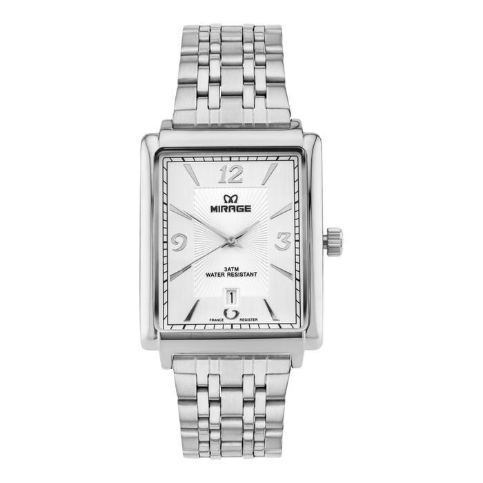 Mirage Watch - Jam Tangan Pria Formal Kasual Klasik Segi Stainless Silver Analog 8836 M - Plat Putih