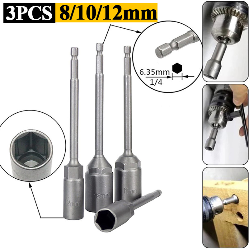 3PCS Adaptor Socket Mata Kunci Shock Format Hexagonal Ukuran 8mm 10mm 12mm Panjang, Bisa Untuk Buka 