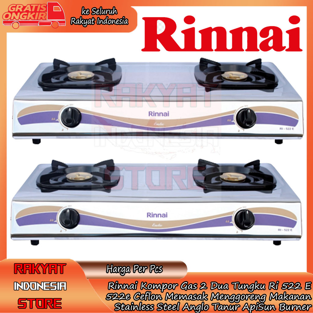 Rinnai Kompor Gas Rinai 2 Dua Tungku Ri 522 E Stainless Steel Ceflon Memasak Menggoreng Makanan Angl