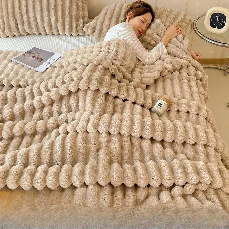Ultra Soft Faux Rabbit Fur Throw Blanket Warm Plush Striped Blankets Contioning Quilt Fluffy Throws 