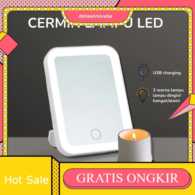 Cermin LED / Cermin Lampu LED / Cermin Make up Meja Dengan Lampu LED Tombol Touch Screen Charge USB