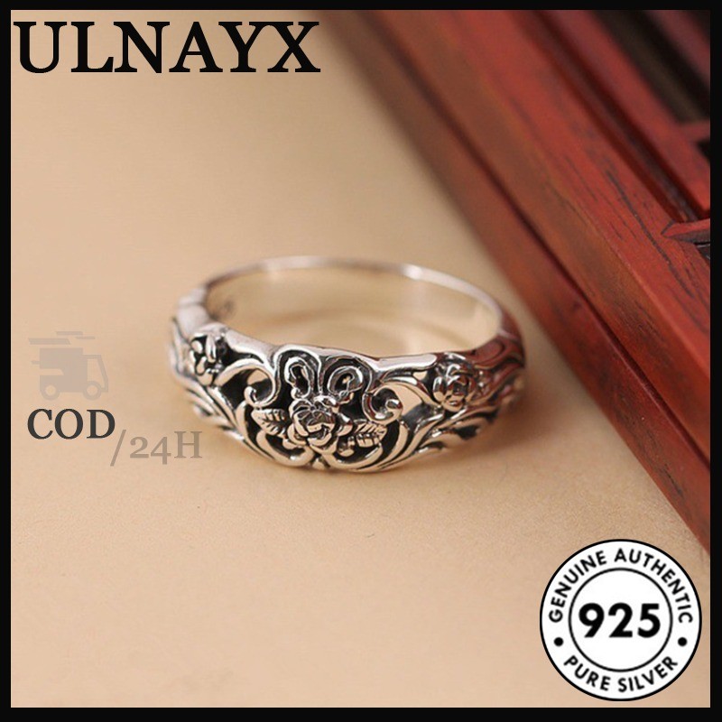 Cincin Pasangan Unisex Lebar Vintage Perak Thailand Hitam Mawar
