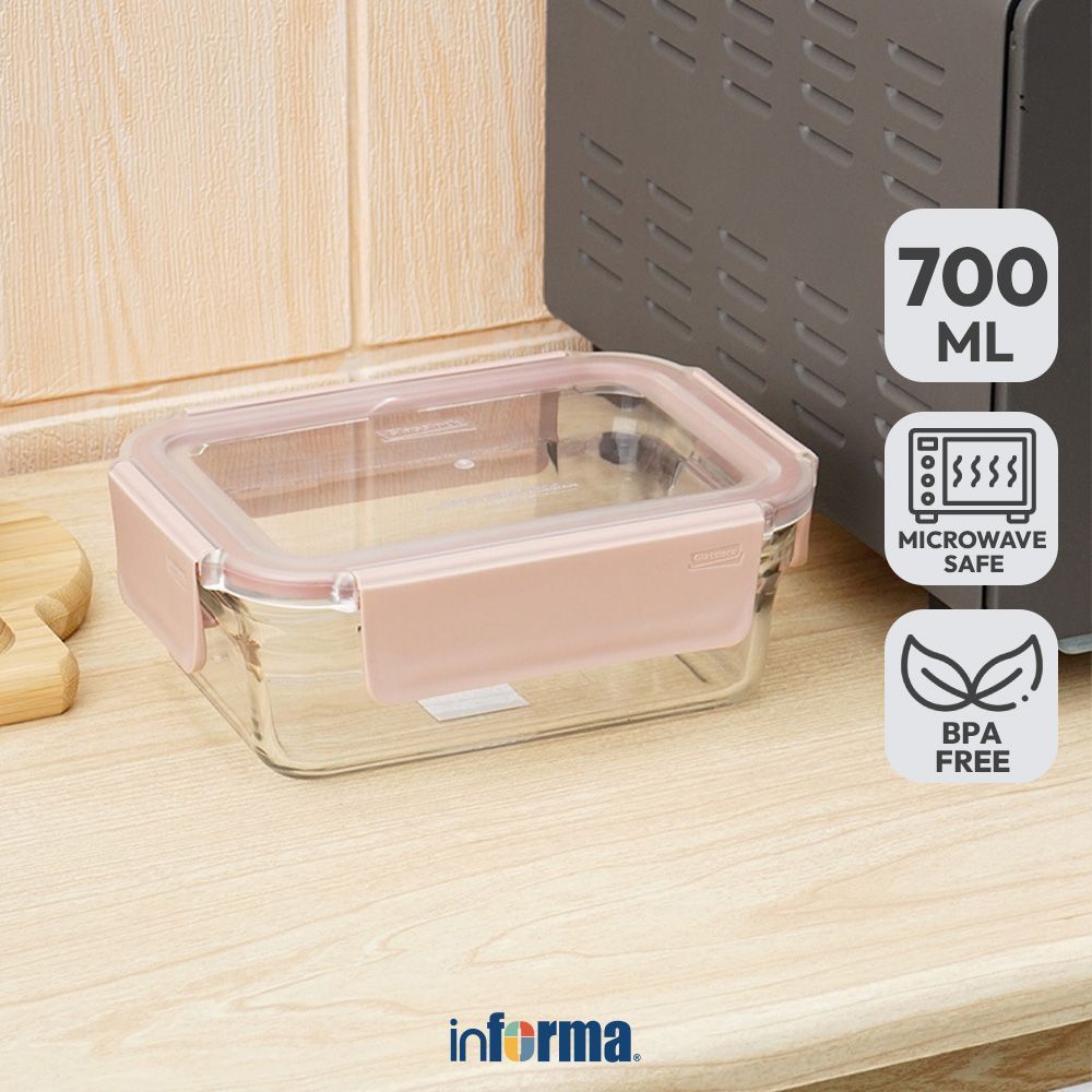 Informa Glasslock 700 ml Pure Wadah Makanan Rectangle - Pink Food Container Kotak Makan Food Grade S