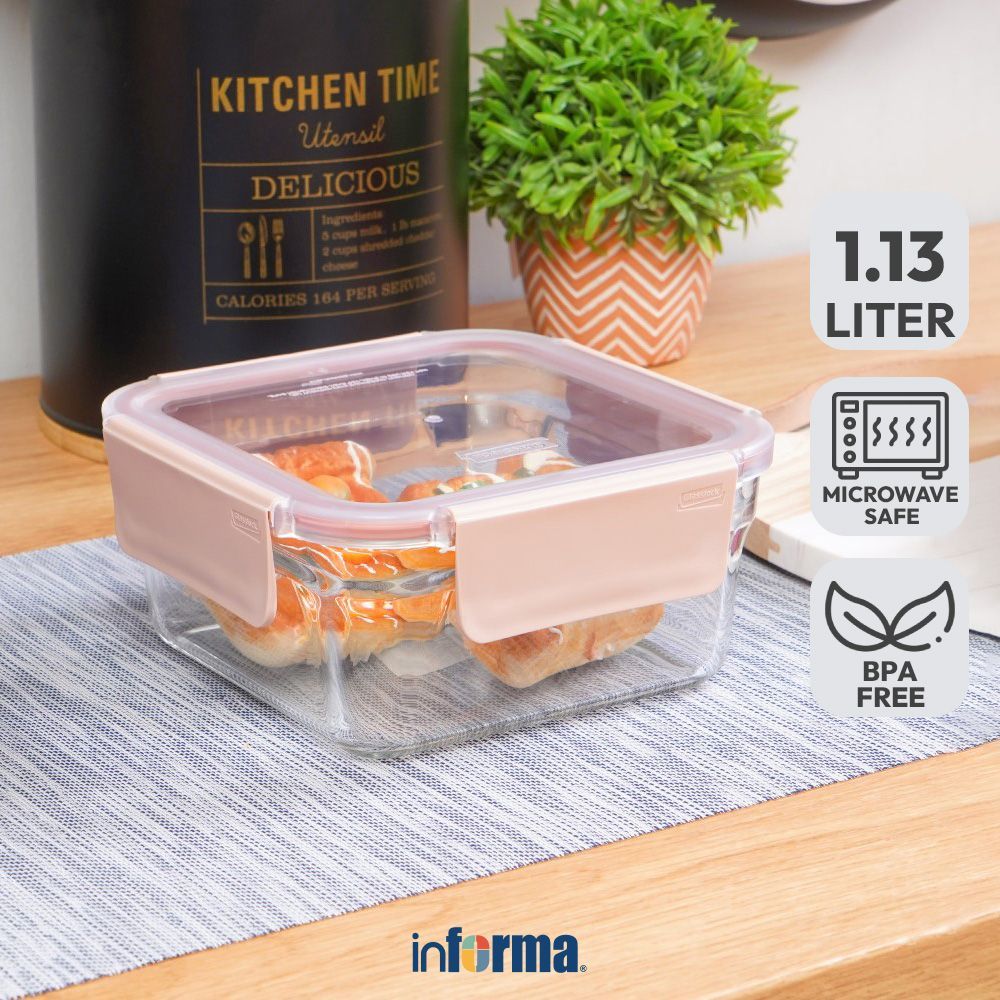 Informa Glasslock 1.13 ltr Pure Wadah Makanan Square - Pink Food Container Food Grade Serbaguna Temp