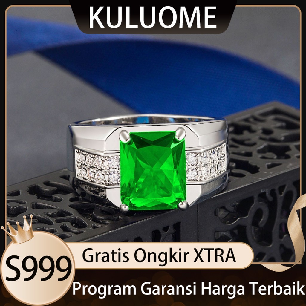 KULUOME Cincin Zircon Hijau Zamrud Fashion Bisnis Dominan Cincin Pria Berlian Baguette s999