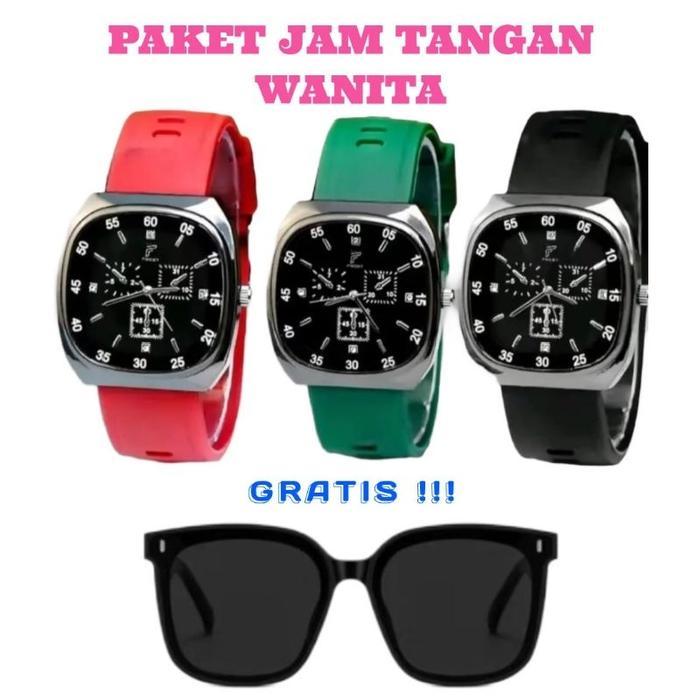 SUPER HEMAT... 3Pcs Jam Tangan Wanita Tali Karet Case Oval Free Kacamata Keren Paling Laris 2025 - m