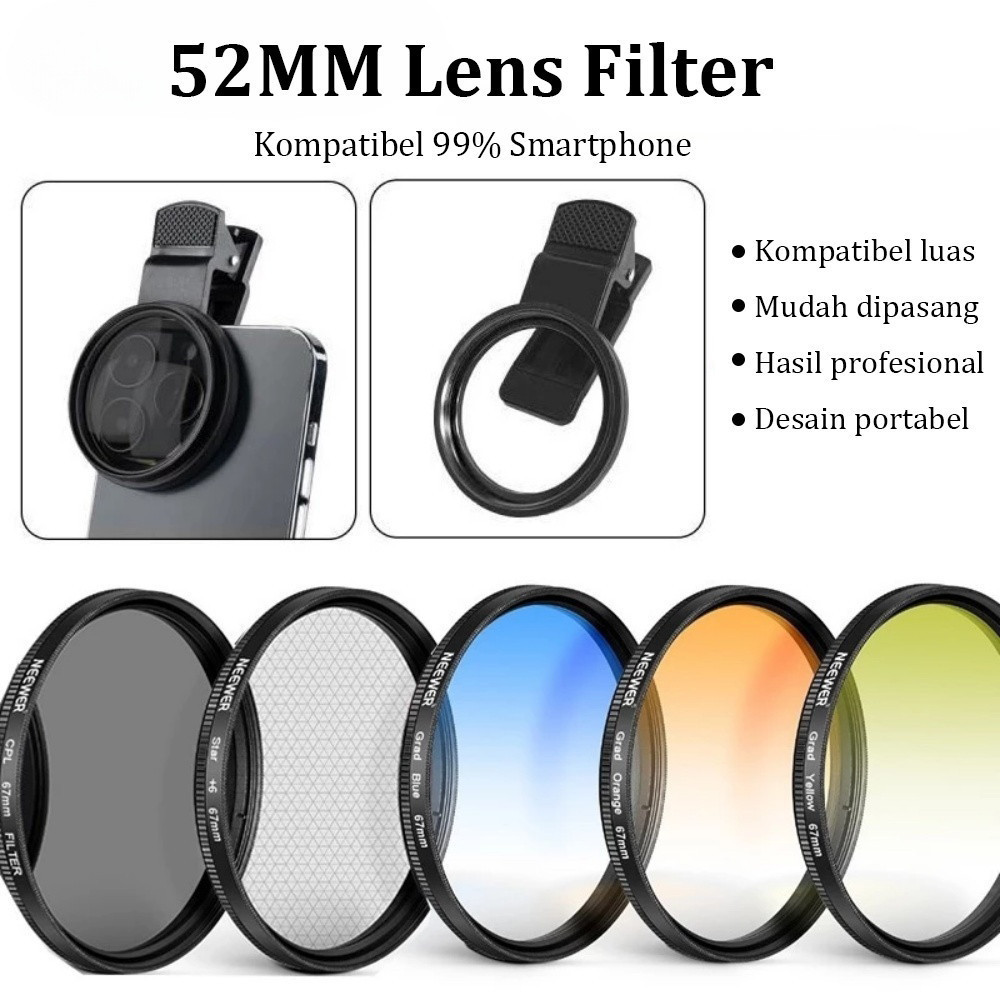 Kit Lensa 52mm Ultra Tipis Filter Grad Blue Orange, CPL, ND 2-400 & Star Filter untuk Kamera HP
