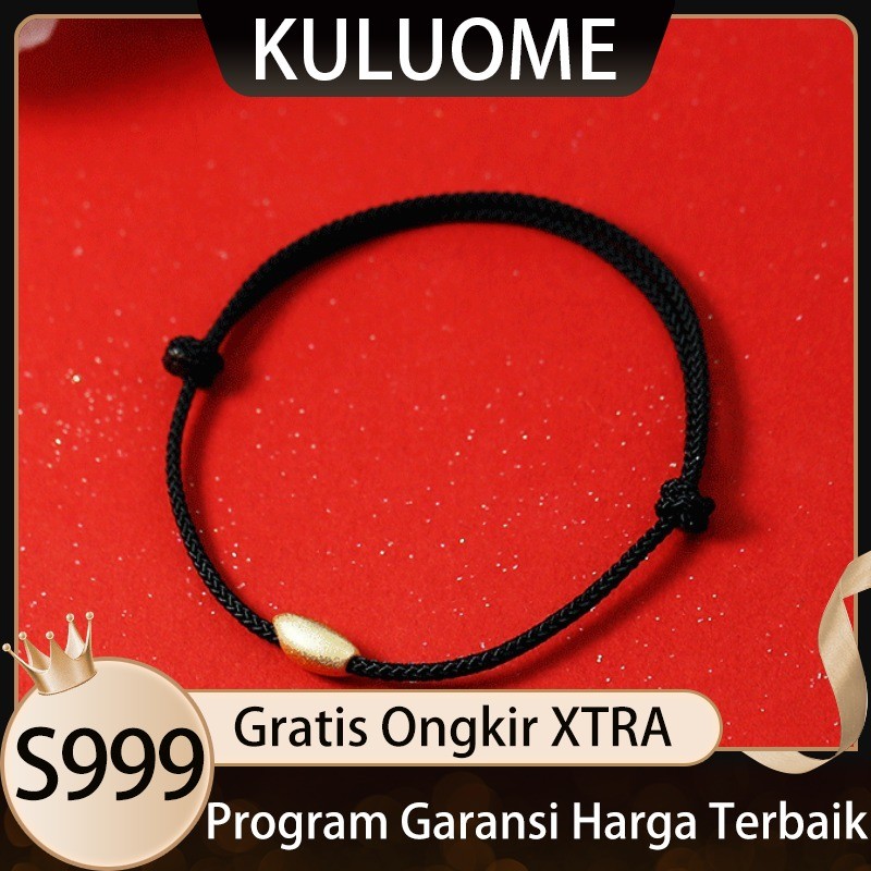 KULUOME Gelang Millet Emas Tali Hitam untuk Pria dan Wanita Pasangan 3D Manik-manik Bulat Emas Murni