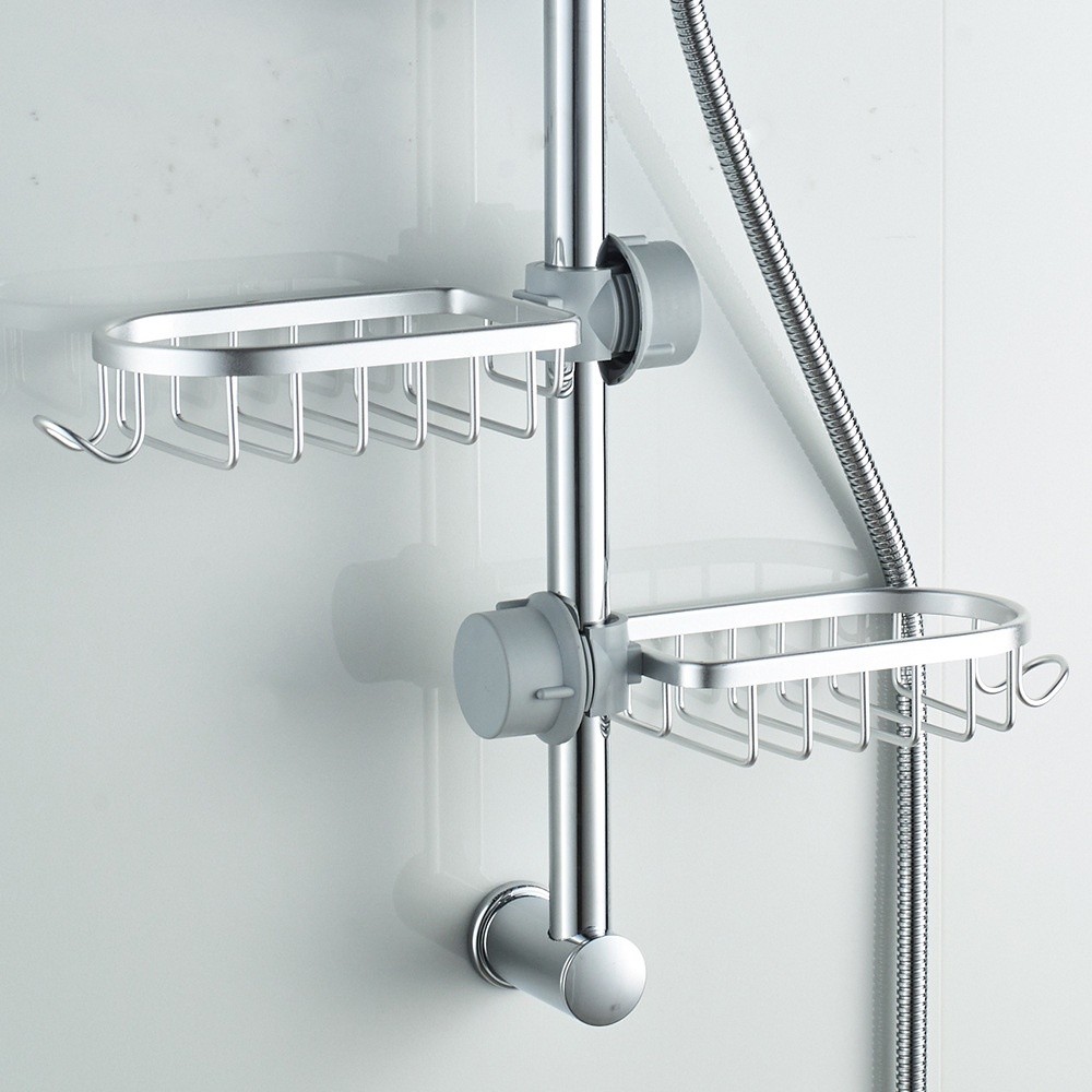 Bathroom Shower Rack Space Aluminum Bathroom Shower Rod Tray Faucet Mesh Basket Storage
