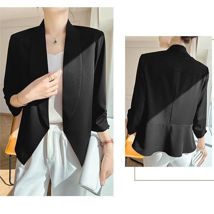 Meirong spring kemeja outer hitam polos kondangan wanita kekinian korean style blazer cardigan hitam