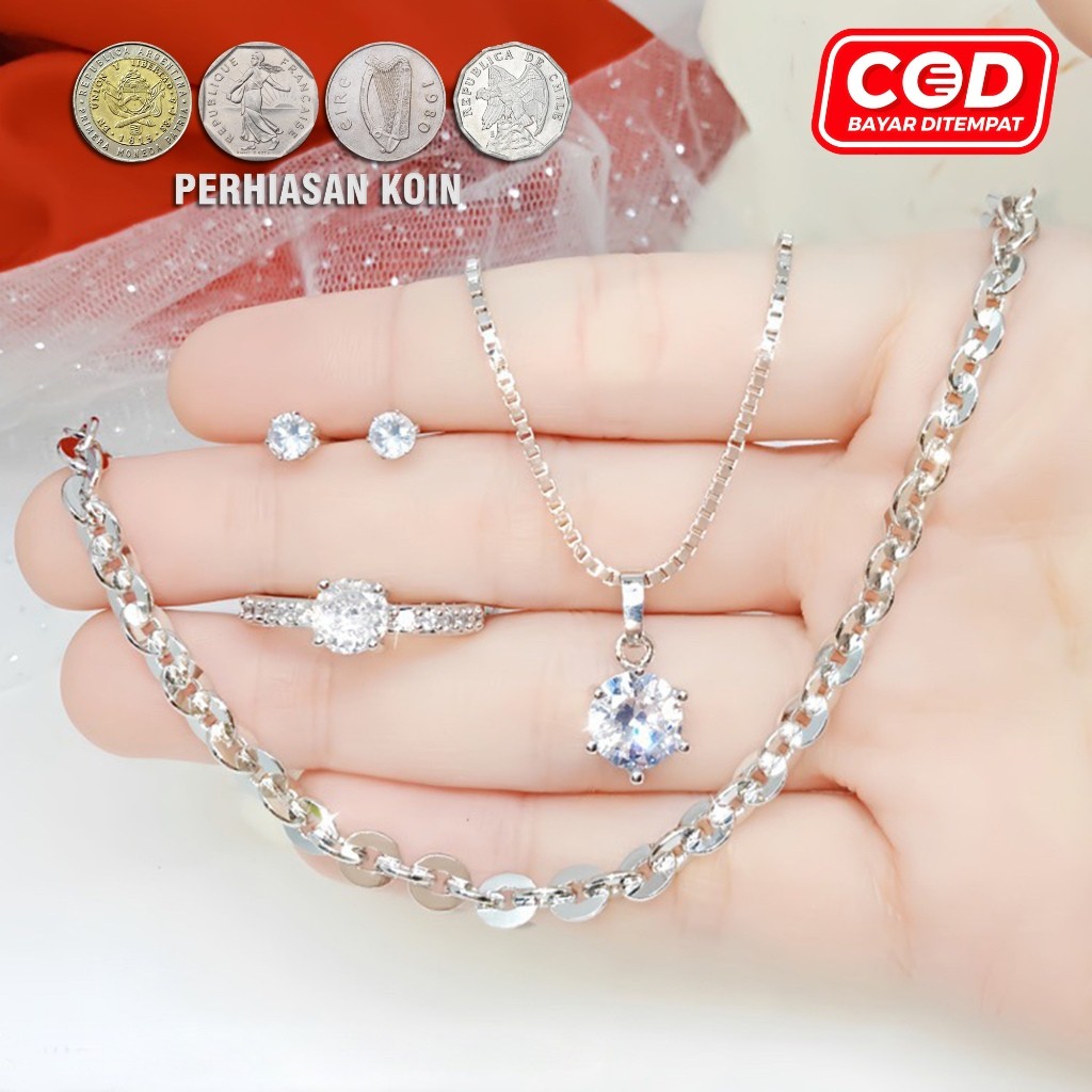 Set Perhiasan Rantai Nuri Perak Mata Satu Bahan Koin Titanium Fashion Model Korea