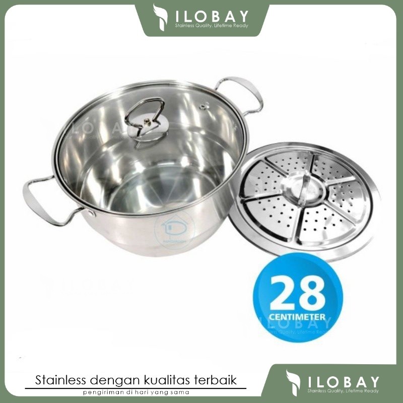 dandang steamer stainless murah 30cm / panci steamer calypso stainless / panci kukusan ukuran 24 cm 