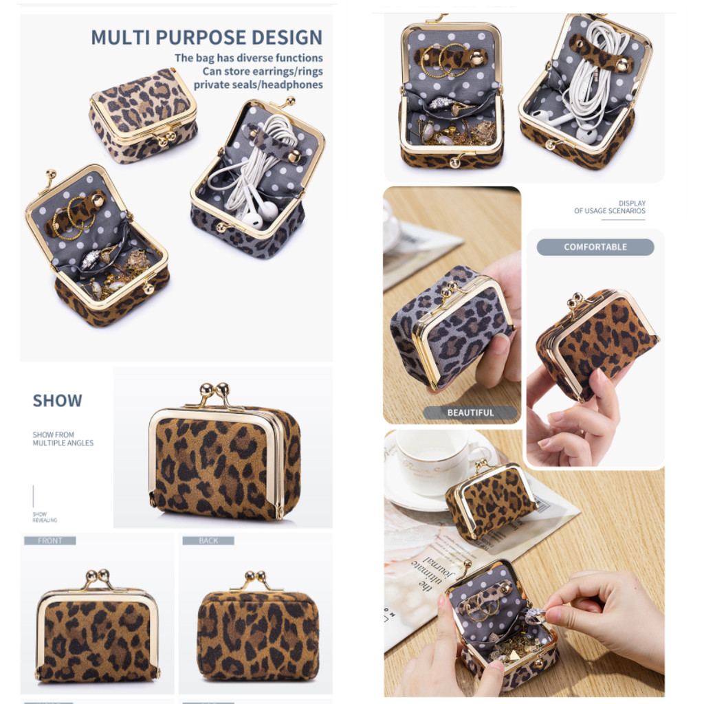 Dompet perhiasan cincin berlian motif macan tutul  Kulit Asli Tas koin Tas kotak Anting kalung kotak