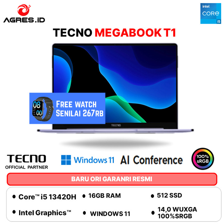TECNO MEGABOOK T1 14 I5 13420H 16GB 512GB W11+OFFICE PERMANEN 14.0WUXGA 100SRGB 1.39KG 2Y SILVER