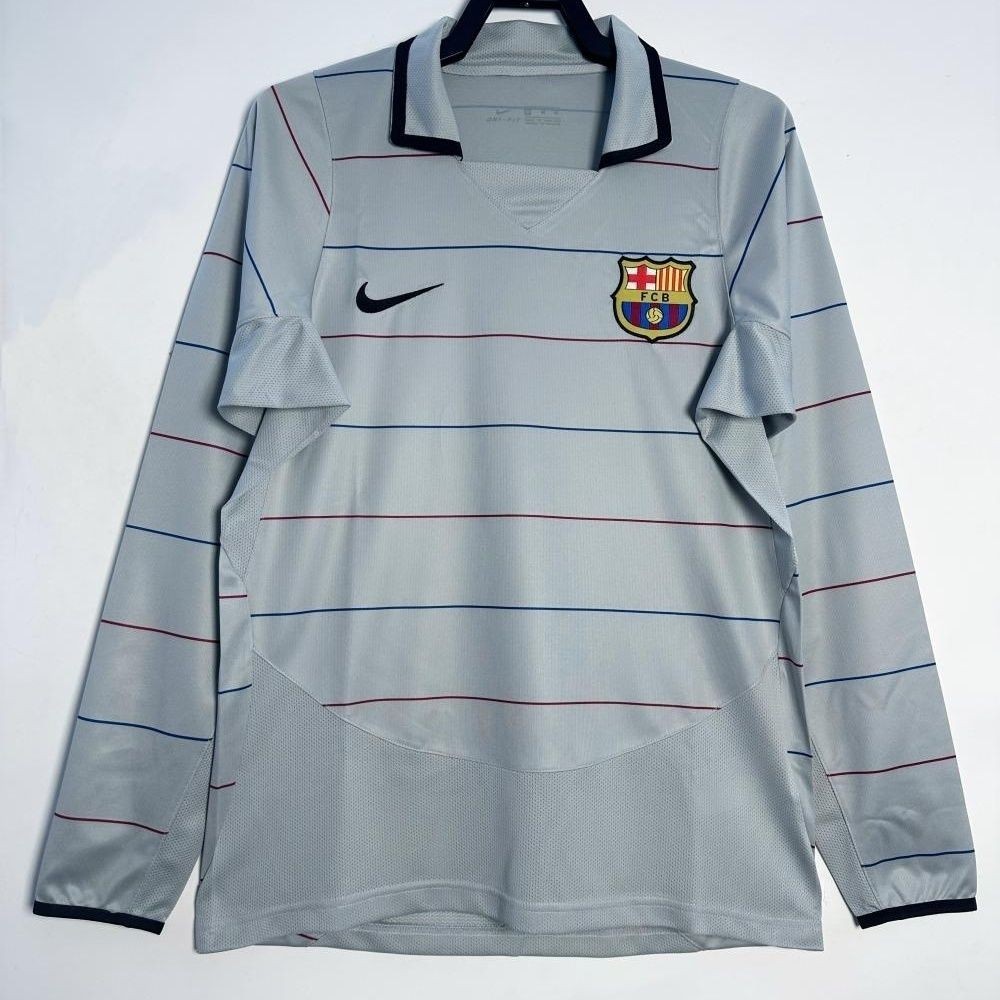 Jersey Sepak Bola Lengan Panjang Abu-abu Retro Dewasa 2003-04 Barcelona Away T shirt pria