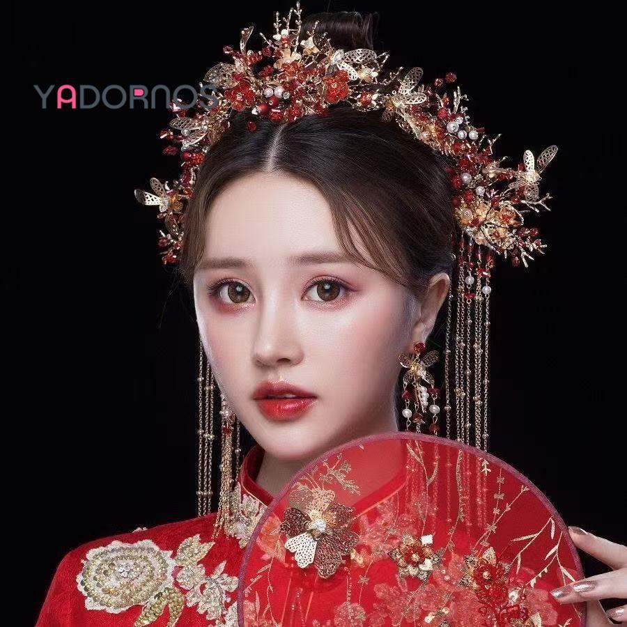 YADORNOS Tiara pengantin wanita menunjukkan pakaian Wo Toast pakaian kepala Tassel Phoenix Crown Acc