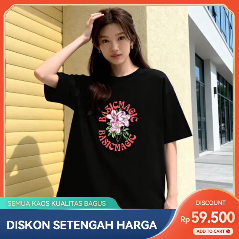 Kaos Hitam Minimalis dengan Cetak Bunga kain katun polos premium  casual shirt  Gaya Harian Trendy  