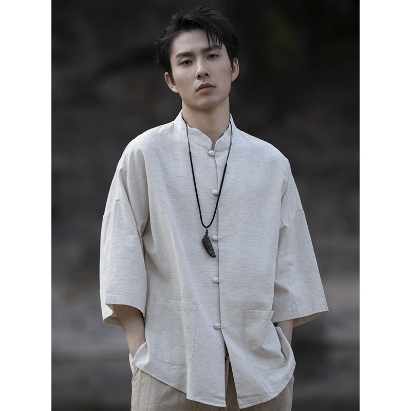 Kemeja Zhongshan Pria Lengan Tujuh Perempat Setelan Tang Gaya Cina Katun Linen Kemeja Santai Tipis