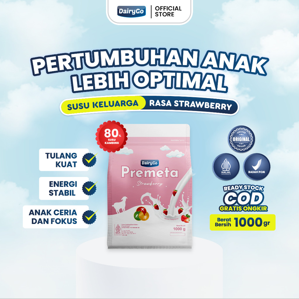 Susu Kambing Etawa Bubuk 1 Kilogram - Premeta Strawberry - Bantu Nafsu Makan & Daya Tahan Anak