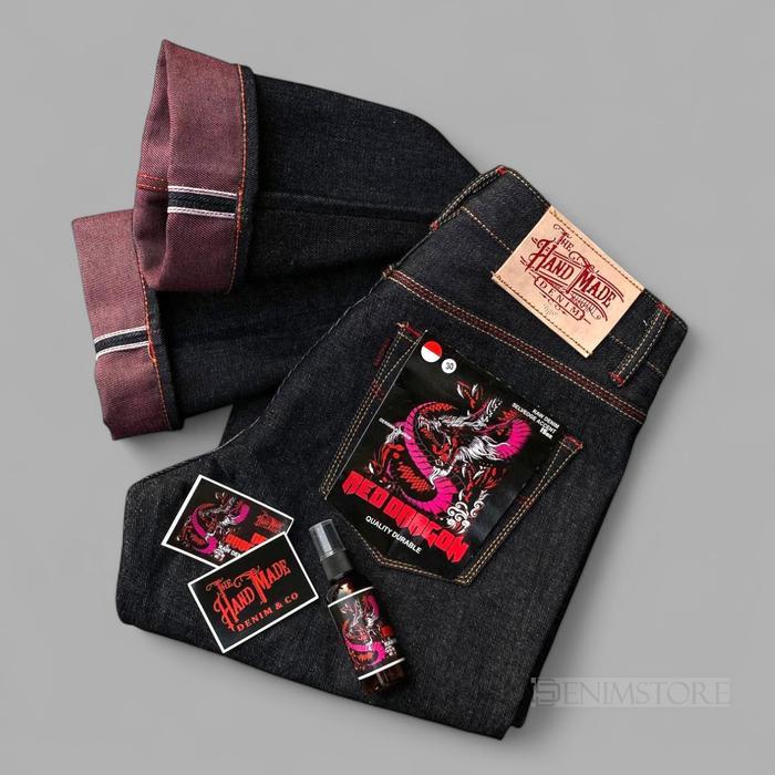 HANDMADE Celana Jeans Pria Original Raw Denim Selvage Accent 15oz Sunforized High Quality Art Red Dr