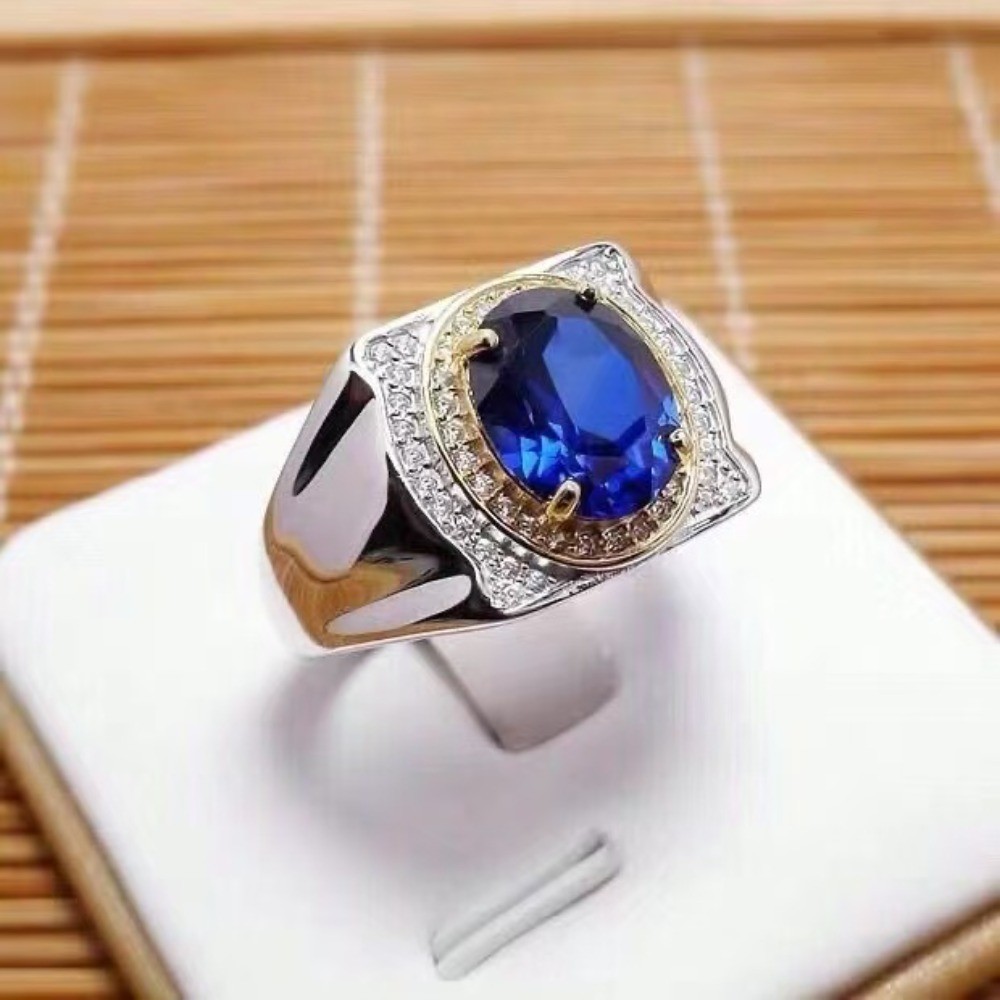 Cincin Pria Batu Safir Biru Emas Perak Berlian Luxury Fashion Unik Mewah Aksesoris Perhiasan
