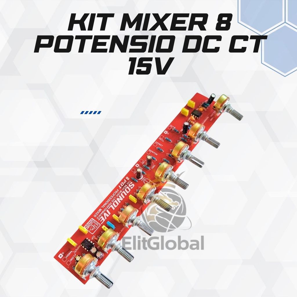 Kit Mixer Audio 8 Potensio DC CT 15V PCB 210x35mm Level Panpot Gain Effect