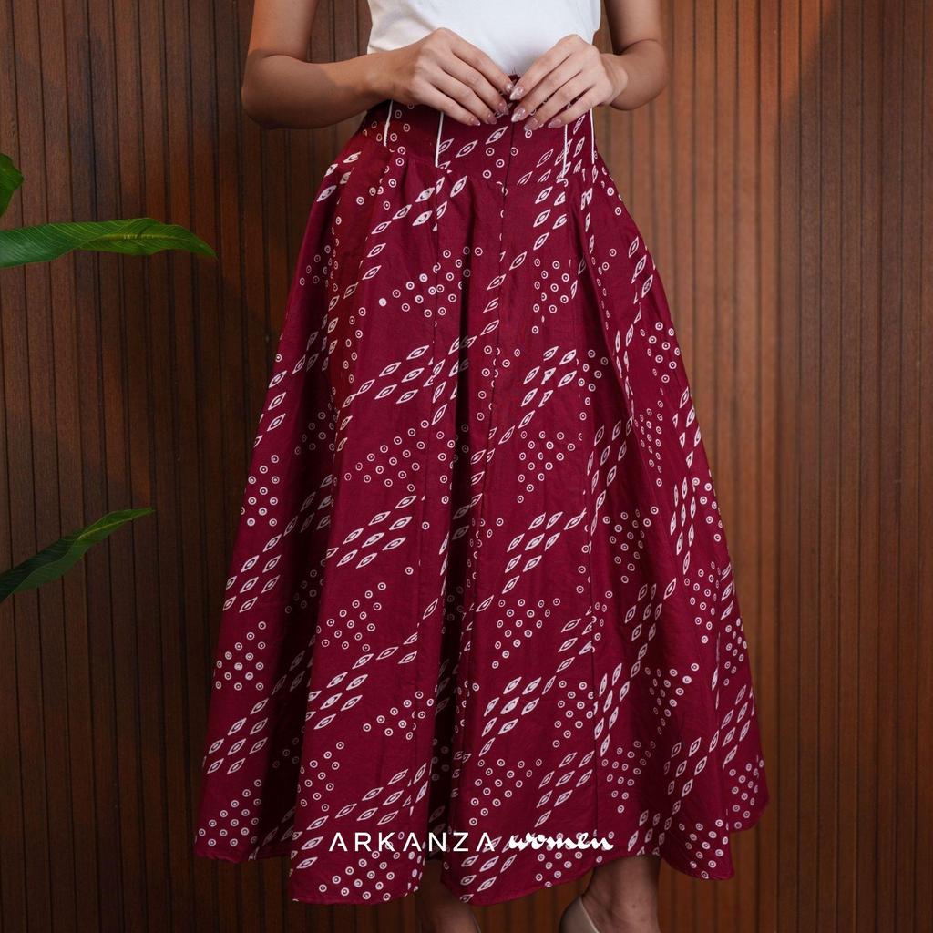 ARKANZA WOMEN Rok Batik Cap Sania Skirt Havana Merah Bawahan Wanita Katun Modern Rempel Aline