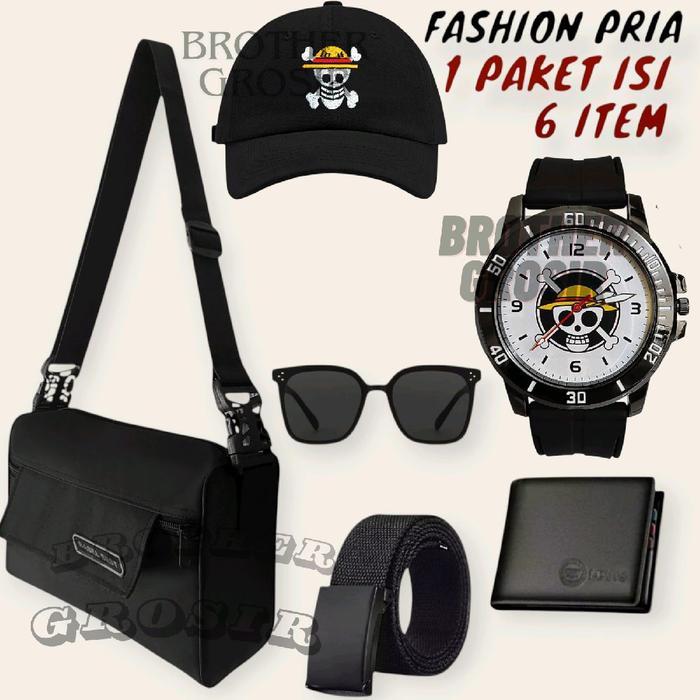Paket Promo Terkeren Fashion Pria: Jam Tangan + Tas Selempang+ Topi + Kacamata + Ikat Pinggang Kanva