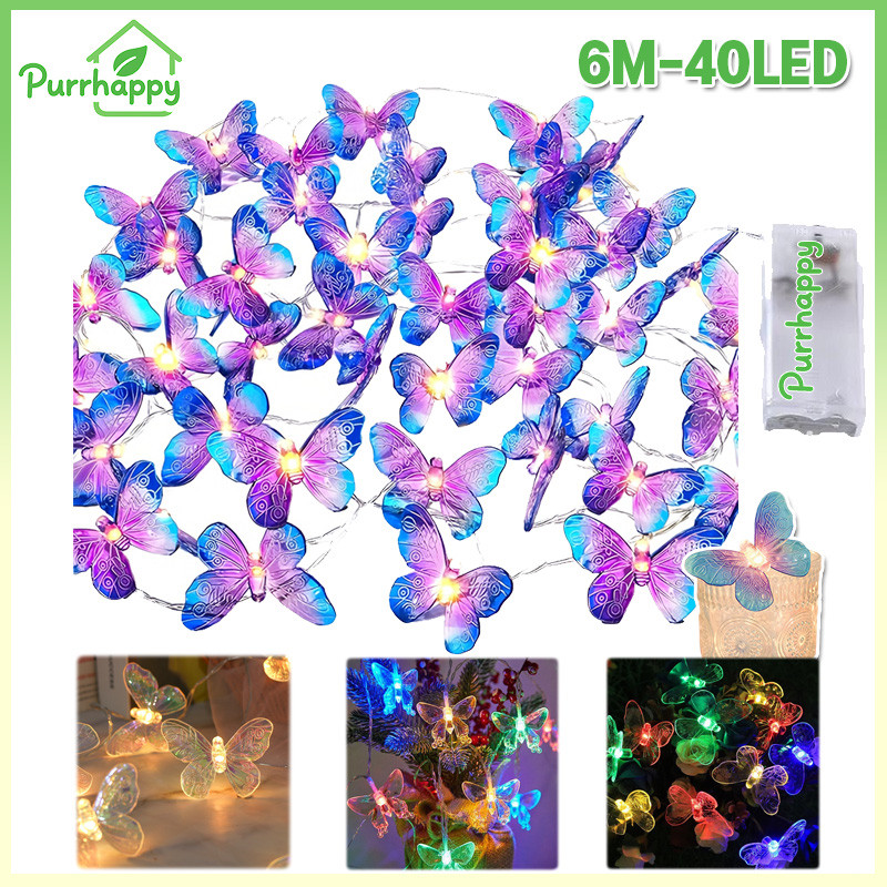 Purrhappy 6M 40Led Lampu Kupu-kupu Lampu LED Model Kupu-kupu Berwarna Kupu Kupu Lampu Hiasan Taman O