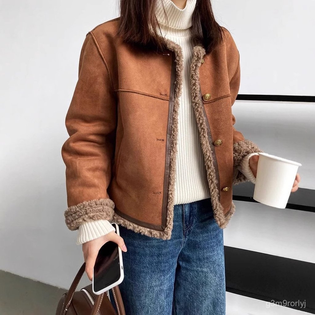 Women's New Casual Versatile Round Neck Fuzzy Jacket Long Sleeve Coat