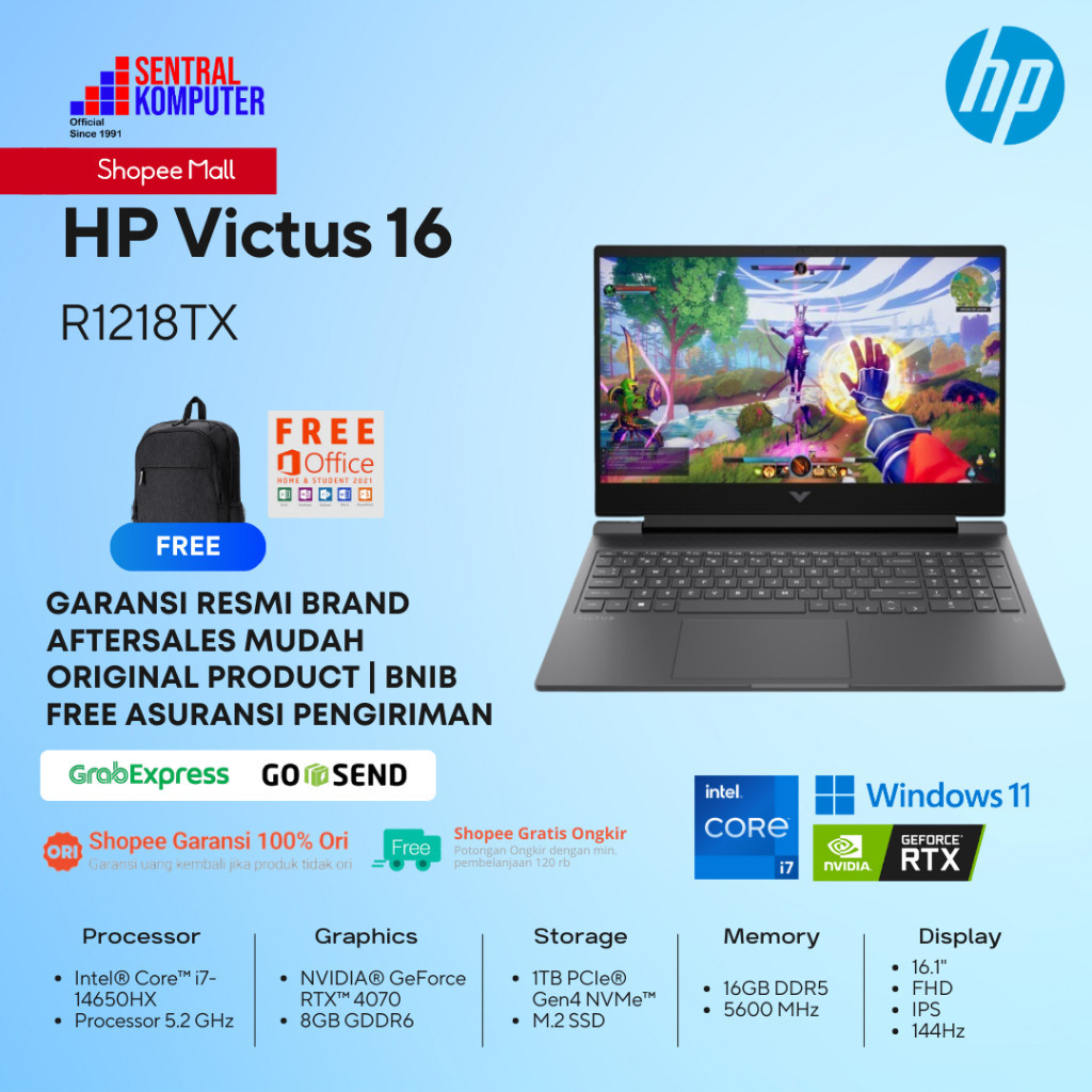 HP VICTUS 16 R1218TX I7 14650HX RTX 4070 16GB 1TB OHS 16.1FHD 144HZ