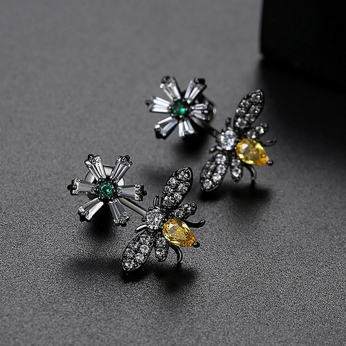 Anting Lebah Hitam Berlapis Fashion Elegan dengan Zirconia Kubik Kuning - Aksesoris Pesta Trendi unt
