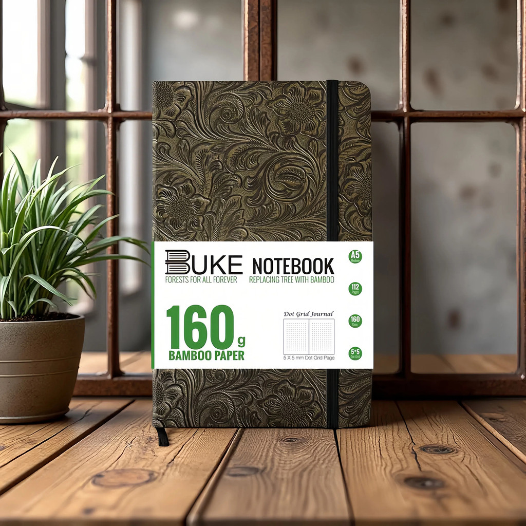 BUKE Retro Floral Pocket Dotted Journal, 3D Embossed Faux PU Leather A5 Hardcover 160gsm Thick Paper