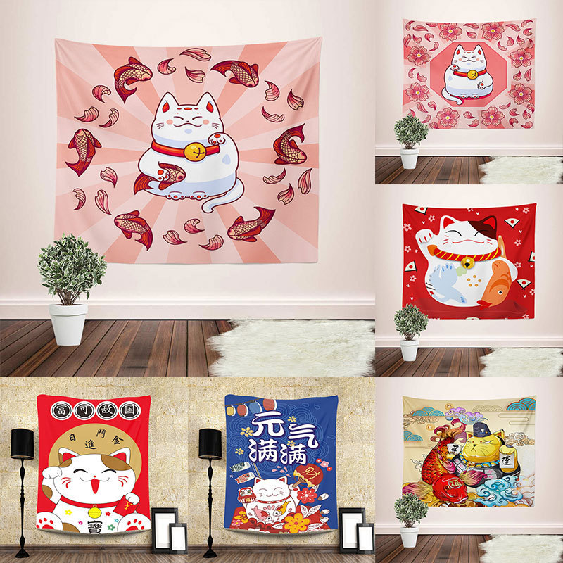 Dekorasi Dinding Kain Gantung Kucing Keberuntungan Gaya Jepang Cetakan Digital Kain Latar Belakang