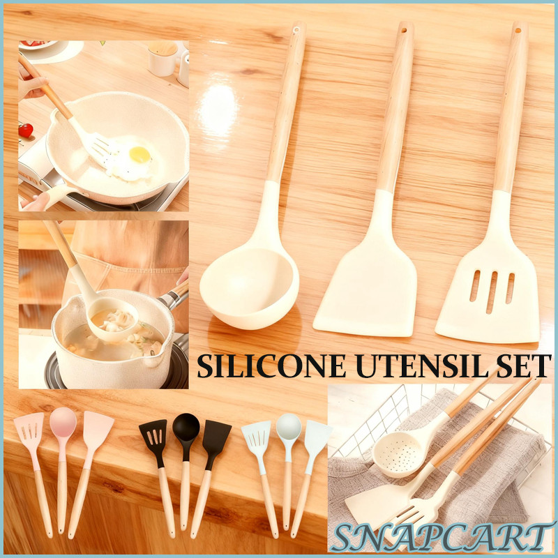 Silicone Utensil Set 3PCS/ Spatula Set Sutil Silikon Sendok/Spatula Silicone Gagang Kayu-Food Grade
