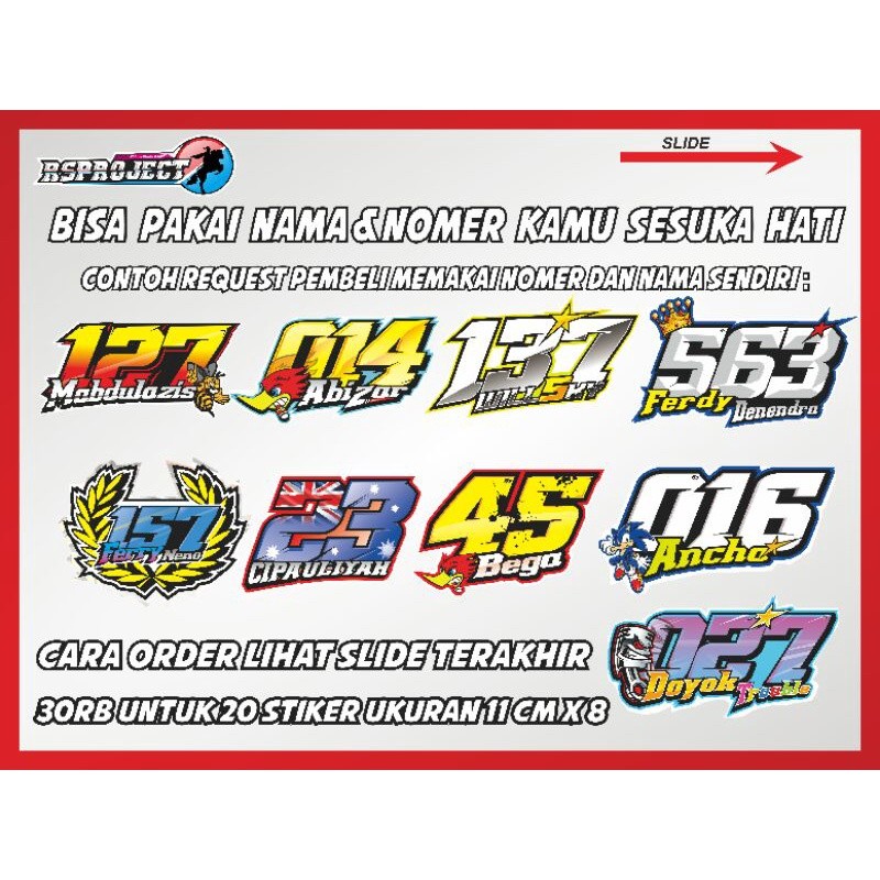 STIKER NOMER STAR BALAP MOTOR |30rb/ 20 pcs stiker| DESIGN BEBAS REQUEST APA AJA |nama beng kel | na