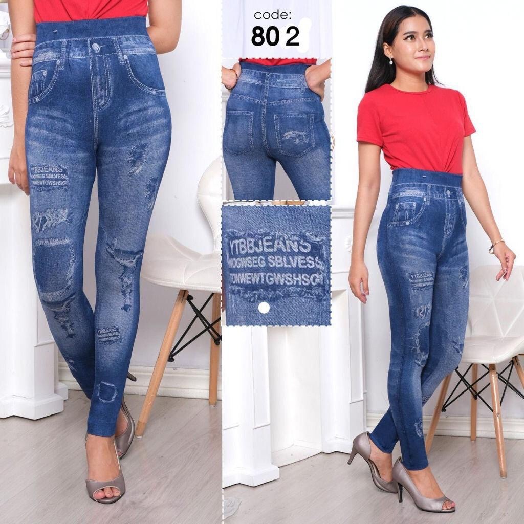 LEGGING JEANS IMPORT FIT TO 80KG / LEGING DENIM WANITA / LEJING JEANS MOTIF