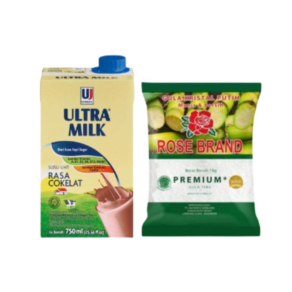Bundling Susu Coklat Ultra Milk 750 ml & Rose Brand Gula Pasir Premium 1 kg