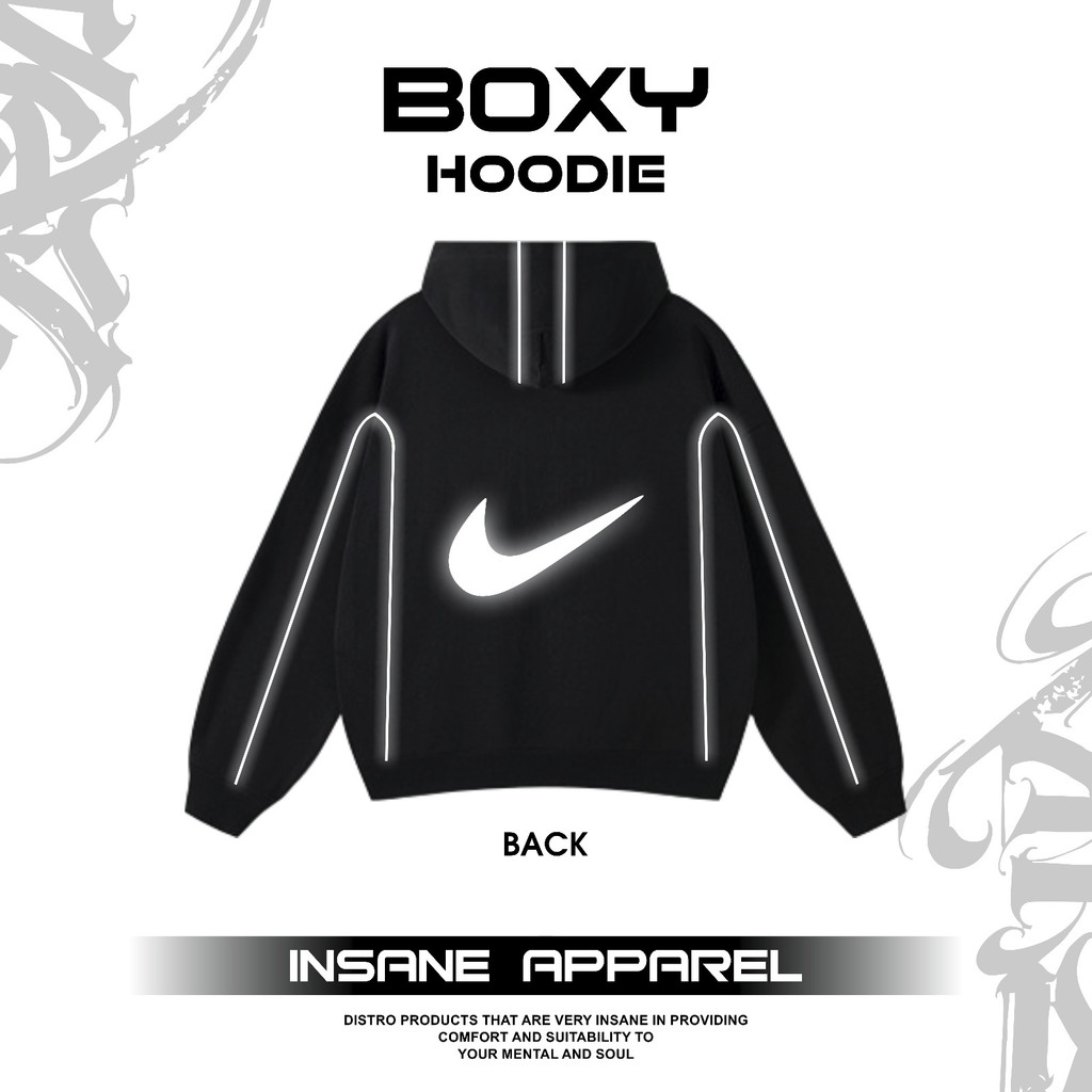 Hoodie Jaket Garis Model Boxy Reguler Desain Terbaru Logo Nike Memantulkan Cahaya Reflektif Fleece 2