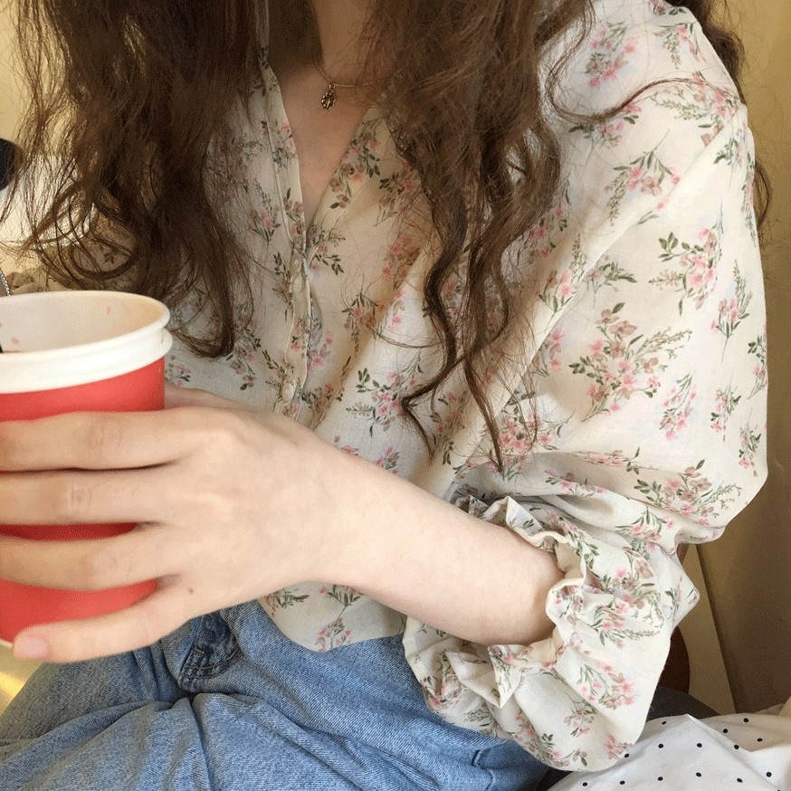 wanita korea ala wanita sifon bunga lengan panjang kemeja longgar blouse baju wanita lengan panjang