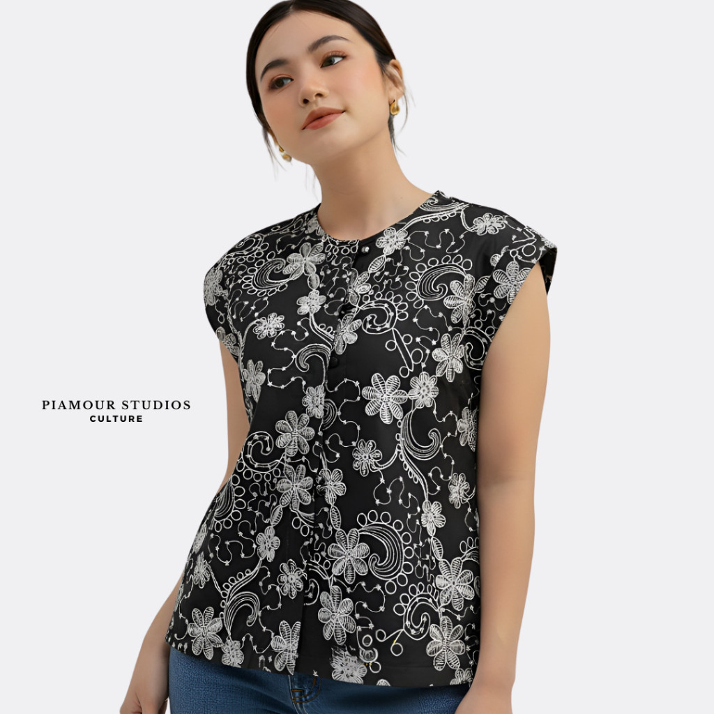 NORA TOP Atasan Wanita Floral Blouse Crop Sleeve Vest Korean Katun Embroidery Bordir Rompi Kekinian 