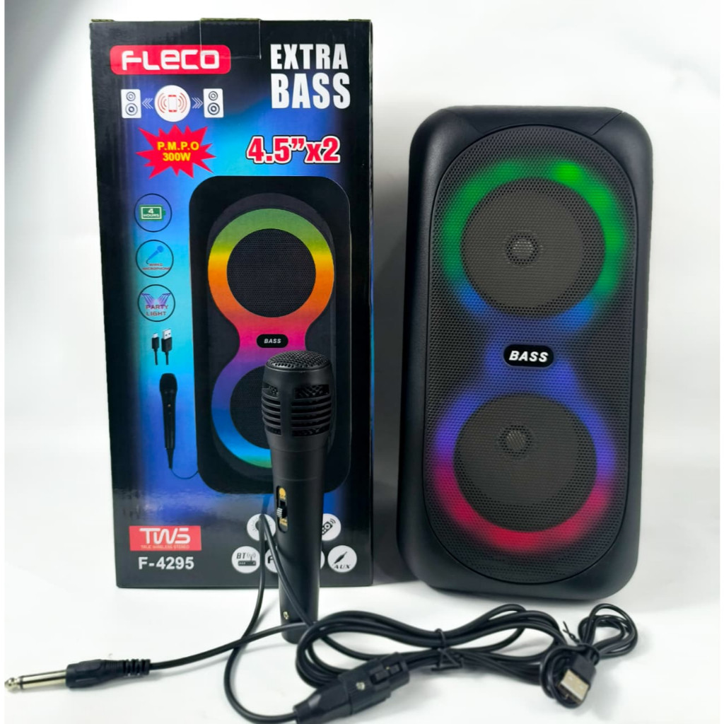 Speaker Portable Bluetooth Wireless Fleco F-4295 4.5inx2 Free Mic DUAL RGB LED Light PLay