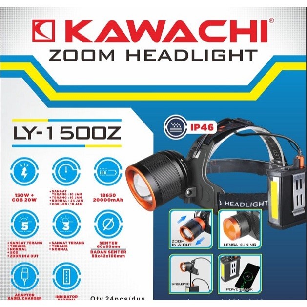 kawachi senter kepala zoom 150watt dan 100watt  (FREE LENSA KUNING) IP46