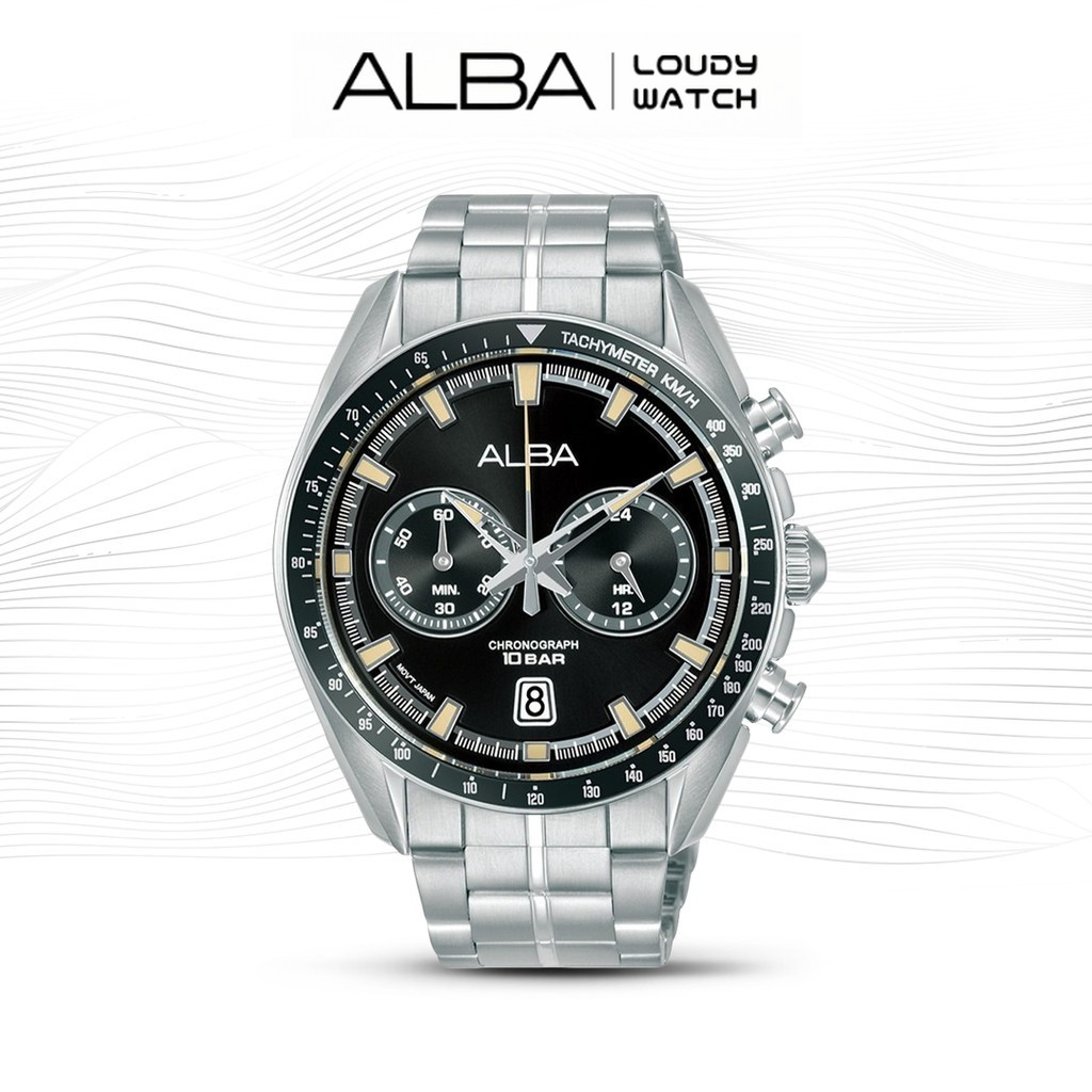 ALBA A4B015 Signa Jam Tangan Pria Quartz Black Dial Stainless Steel Strap Watch