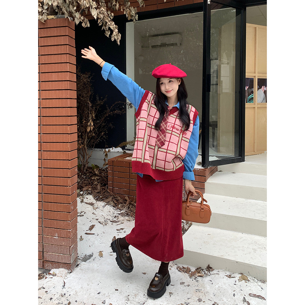 Rompi Sweater Rajut Kotak-Kotak Berkerah Set Kemeja Lengan Panjang