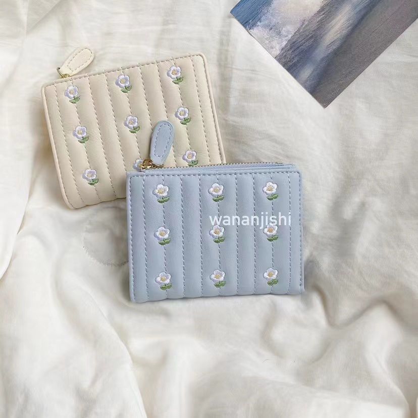 Dompet Wanita Bunga Kecil Bordir yang Imut#Dompet Koin Lipat Dua Portabel untuk Mahasiswa