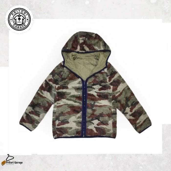 Reversible Windbreaker Puffer Sherpa Hoodie Jacket Japan Textiles Green Camo Army Color Block Vintag